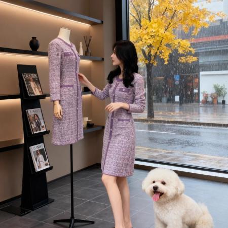 FA51919# 小香风紫色针织连衣裙女秋冬新款修身收腰名媛气质排扣长裙子 服裝批發女裝批發服飾貨源