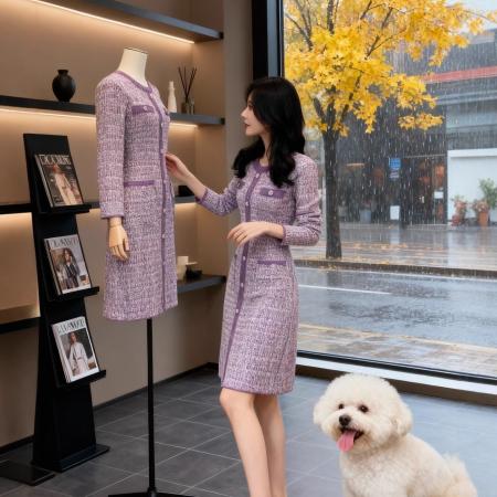 FA51919# 小香风紫色针织连衣裙女秋冬新款修身收腰名媛气质排扣长裙子 服裝批發女裝批發服飾貨源