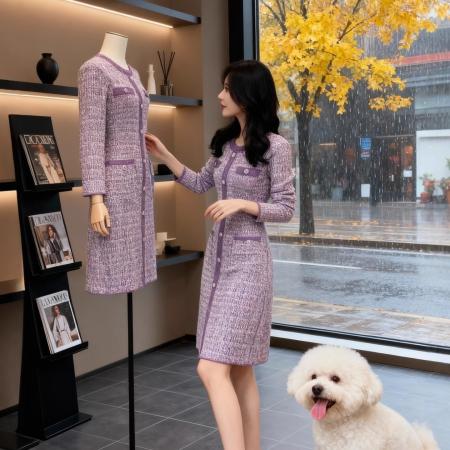 FA51919# 小香风紫色针织连衣裙女秋冬新款修身收腰名媛气质排扣长裙子 服裝批發女裝批發服飾貨源