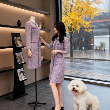 FA51919# 小香风紫色针织连衣裙女秋冬新款修身收腰名媛气质排扣长裙子 服裝批發女裝批發服飾貨源