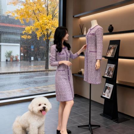 FA51919# 小香风紫色针织连衣裙女秋冬新款修身收腰名媛气质排扣长裙子 服裝批發女裝批發服飾貨源