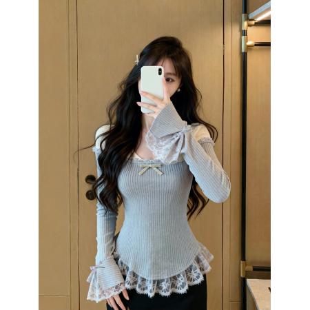 FA51922# 秋冬修身显瘦设计感纯欲风辣妹网纱拼接V领上衣 服裝批發女裝批發服飾貨源