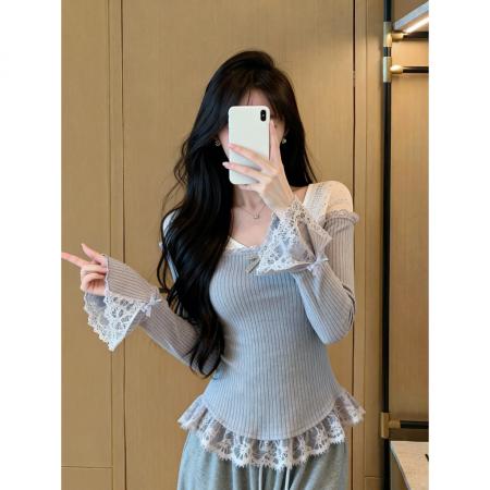 FA51922# 秋冬修身显瘦设计感纯欲风辣妹网纱拼接V领上衣 服裝批發女裝批發服飾貨源