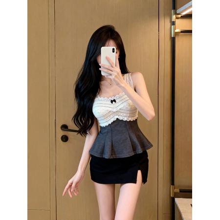 FA51923# 设计感撞色蕾丝拼接吊带女甜美蝴蝶结上衣 服裝批發女裝批發服飾貨源