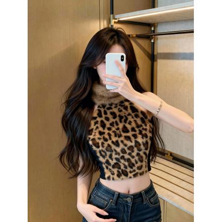 豹纹毛毛领t恤女秋冬美式辣妹袖套上衣半高领 服裝批發女裝批發服飾貨源