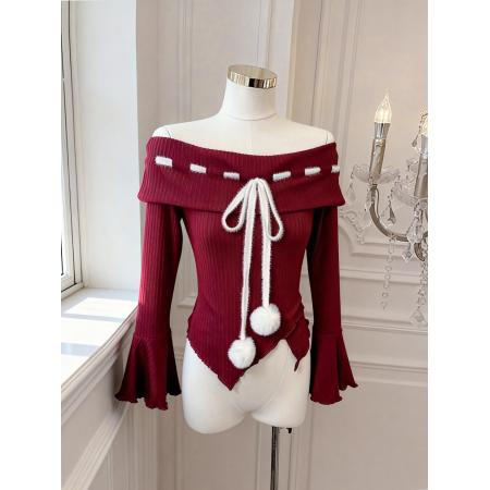 韩系ins纯欲风洋气修身不规则一字肩长袖针织T恤衫女 服裝批發女裝批發服飾貨源