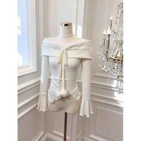 FA51927# 韩系ins纯欲风洋气修身不规则一字肩长袖针织T恤衫女 服裝批發女裝批發服飾貨源