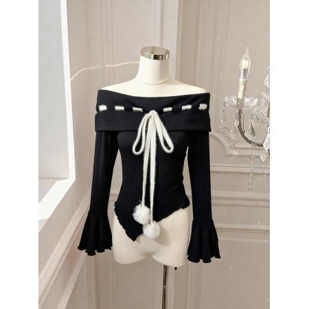 FA51927# 韩系ins纯欲风洋气修身不规则一字肩长袖针织T恤衫女 服裝批發女裝批發服飾貨源