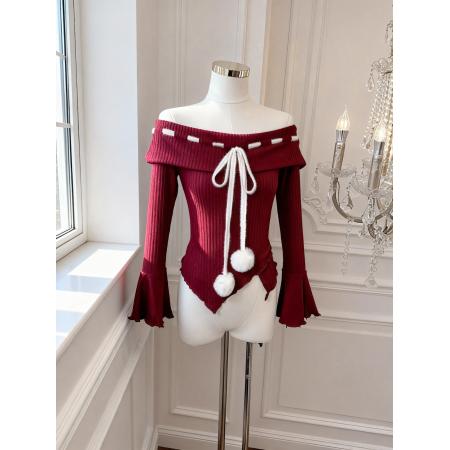 FA51927# 韩系ins纯欲风洋气修身不规则一字肩长袖针织T恤衫女 服裝批發女裝批發服飾貨源