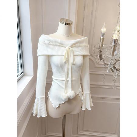 FA51927# 韩系ins纯欲风洋气修身不规则一字肩长袖针织T恤衫女 服裝批發女裝批發服飾貨源