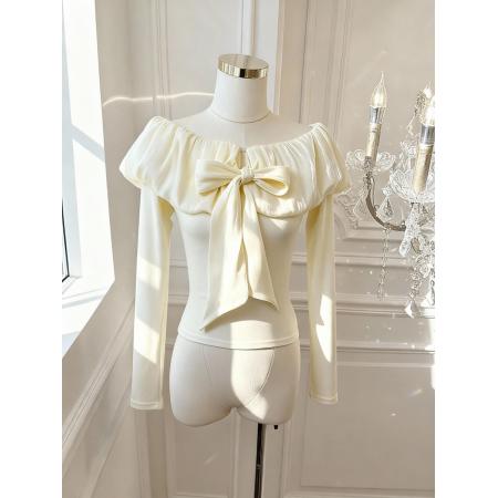 FA51928# 小香风蝴蝶结露肩长袖t恤女纯欲一字肩上衣打底衫内搭 服裝批發女裝批發服飾貨源