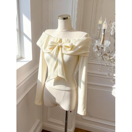 FA51928# 小香风蝴蝶结露肩长袖t恤女纯欲一字肩上衣打底衫内搭 服裝批發女裝批發服飾貨源