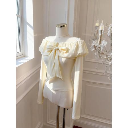 FA51928# 小香风蝴蝶结露肩长袖t恤女纯欲一字肩上衣打底衫内搭 服裝批發女裝批發服飾貨源