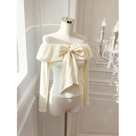 FA51928# 小香风蝴蝶结露肩长袖t恤女纯欲一字肩上衣打底衫内搭 服裝批發女裝批發服飾貨源