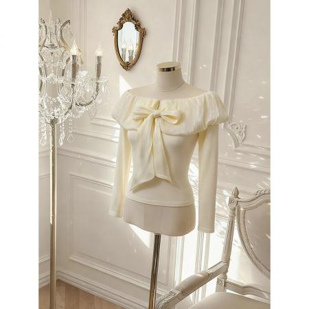 FA51928# 小香风蝴蝶结露肩长袖t恤女纯欲一字肩上衣打底衫内搭 服裝批發女裝批發服飾貨源