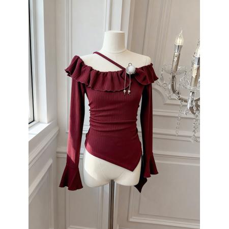 FA51930# 法式温柔风荷叶边一字领长袖T恤女修身显瘦露肩上衣 服裝批發女裝批發服飾貨源