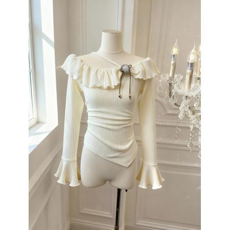 FA51930# 法式温柔风荷叶边一字领长袖T恤女修身显瘦露肩上衣 服裝批發女裝批發服飾貨源