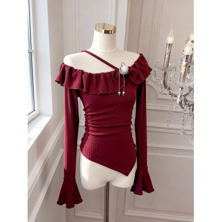 FA51930# 法式温柔风荷叶边一字领长袖T恤女修身显瘦露肩上衣 服裝批發女裝批發服飾貨源