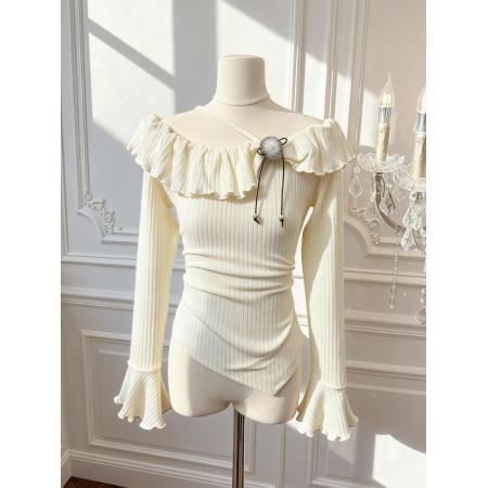 FA51930# 法式温柔风荷叶边一字领长袖T恤女修身显瘦露肩上衣 服裝批發女裝批發服飾貨源