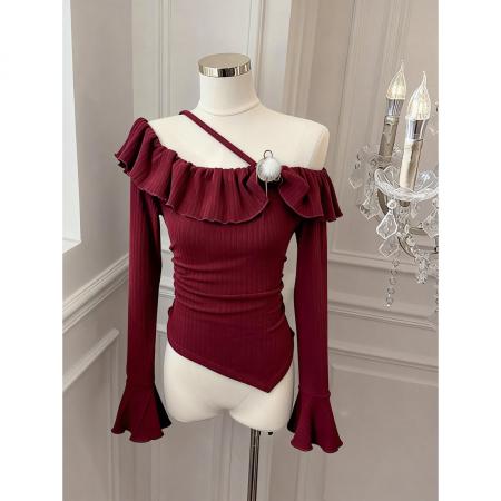 FA51930# 法式温柔风荷叶边一字领长袖T恤女修身显瘦露肩上衣 服裝批發女裝批發服飾貨源