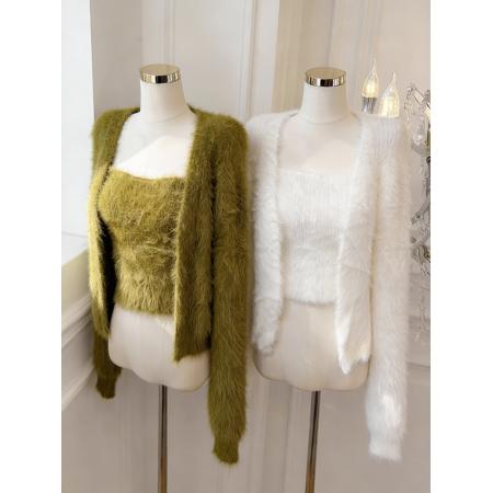 FA51931# 温柔慵懒风仿貂绒针织开衫吊带背心两件套女显瘦套装 服裝批發女裝批發服飾貨源