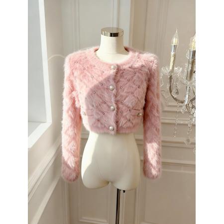 FA51932# 法式亮钻水貂绒毛衣女秋冬针织开衫短款外套 服裝批發女裝批發服飾貨源