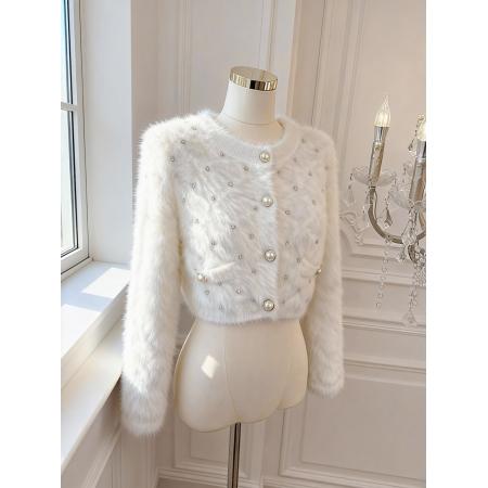 FA51932# 法式亮钻水貂绒毛衣女秋冬针织开衫短款外套 服裝批發女裝批發服飾貨源
