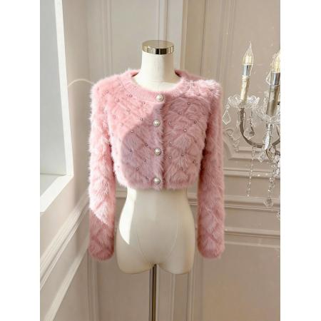 FA51932# 法式亮钻水貂绒毛衣女秋冬针织开衫短款外套 服裝批發女裝批發服飾貨源