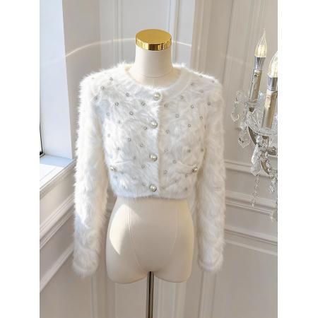 FA51932# 法式亮钻水貂绒毛衣女秋冬针织开衫短款外套 服裝批發女裝批發服飾貨源