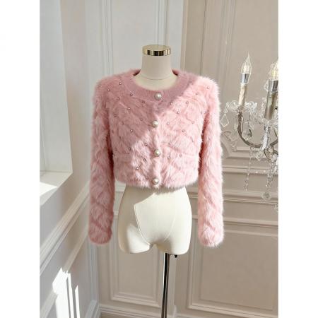 FA51932# 法式亮钻水貂绒毛衣女秋冬针织开衫短款外套 服裝批發女裝批發服飾貨源