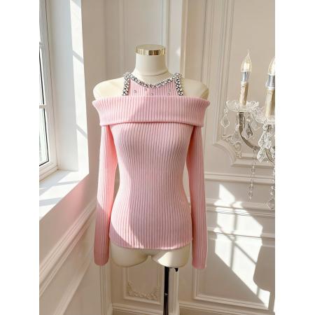 韩版纯欲风重工镶钻设计感修身显瘦百搭露肩针织上衣 服裝批發女裝批發服飾貨源