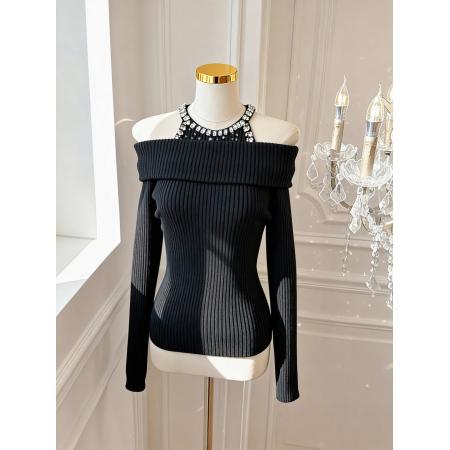 FA51934# 韩版纯欲风重工镶钻设计感修身显瘦百搭露肩针织上衣 服裝批發女裝批發服飾貨源