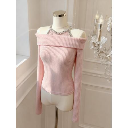 FA51934# 韩版纯欲风重工镶钻设计感修身显瘦百搭露肩针织上衣 服裝批發女裝批發服飾貨源