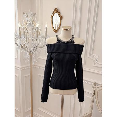 FA51934# 韩版纯欲风重工镶钻设计感修身显瘦百搭露肩针织上衣 服裝批發女裝批發服飾貨源