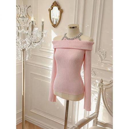 FA51934# 韩版纯欲风重工镶钻设计感修身显瘦百搭露肩针织上衣 服裝批發女裝批發服飾貨源