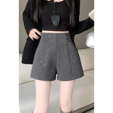 FA51936# 灰色高腰闪亮a字毛呢阔腿短裤女冬款新款休闲显瘦女士靴裤子 服裝批發女裝批發服飾貨源