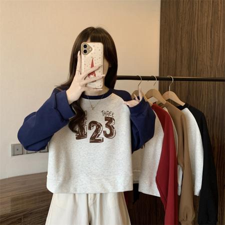 FA51938# 撞色拼接短款长袖卫衣女宽松印花圆领百搭上衣潮 服裝批發女裝批發服飾貨源