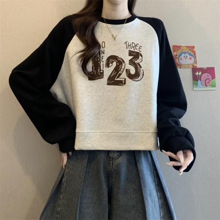 FA51938# 撞色拼接短款长袖卫衣女宽松印花圆领百搭上衣潮 服裝批發女裝批發服飾貨源