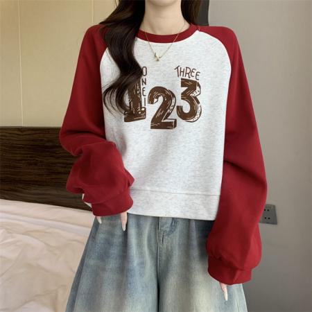 FA51938# 撞色拼接短款长袖卫衣女宽松印花圆领百搭上衣潮 服裝批發女裝批發服飾貨源