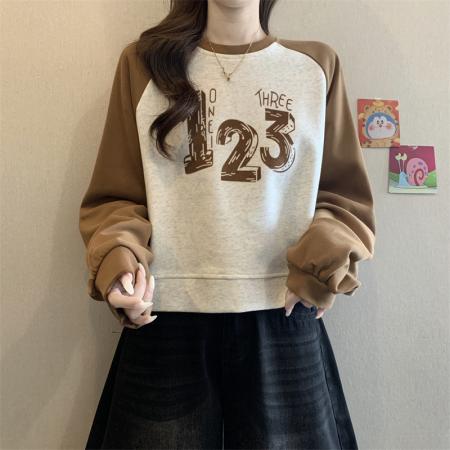 FA51938# 撞色拼接短款长袖卫衣女宽松印花圆领百搭上衣潮 服裝批發女裝批發服飾貨源