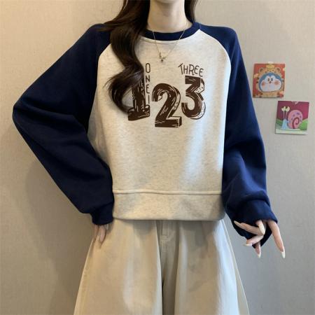 FA51938# 撞色拼接短款长袖卫衣女宽松印花圆领百搭上衣潮 服裝批發女裝批發服飾貨源