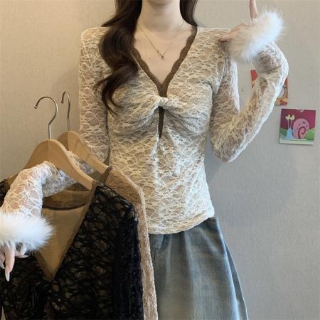 新款纯欲性感蕾丝提花T恤女V领撞色花边内搭长袖上衣 服裝批發女裝批發服飾貨源