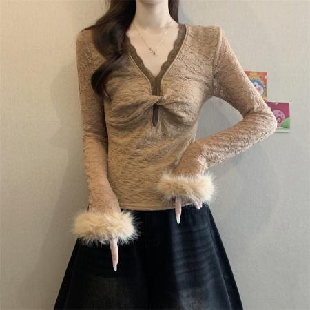 FA51939# 新款纯欲性感蕾丝提花T恤女V领撞色花边内搭长袖上衣 服裝批發女裝批發服飾貨源