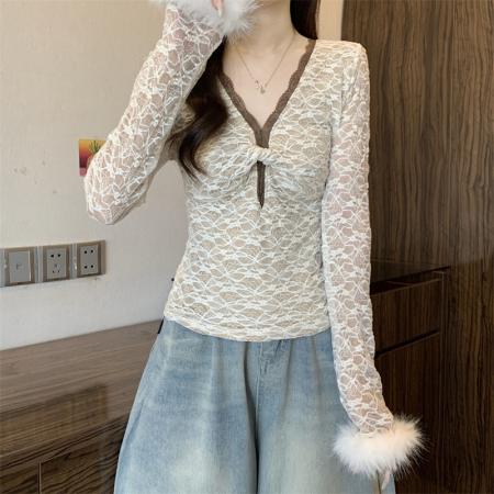 FA51939# 新款纯欲性感蕾丝提花T恤女V领撞色花边内搭长袖上衣 服裝批發女裝批發服飾貨源