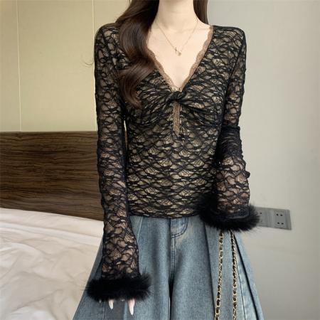 FA51939# 新款纯欲性感蕾丝提花T恤女V领撞色花边内搭长袖上衣 服裝批發女裝批發服飾貨源