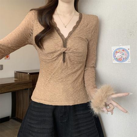 FA51939# 新款纯欲性感蕾丝提花T恤女V领撞色花边内搭长袖上衣 服裝批發女裝批發服飾貨源