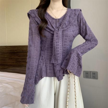 FA51940# 新款加绒法式喇叭袖加披肩长袖蕾丝衫女镂空设计感上衣 服裝批發女裝批發服飾貨源