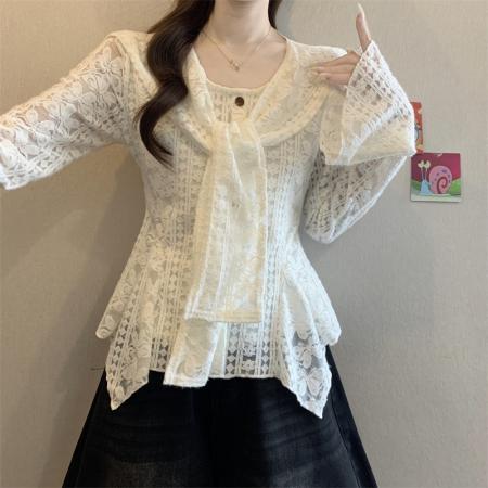 FA51940# 新款加绒法式喇叭袖加披肩长袖蕾丝衫女镂空设计感上衣 服裝批發女裝批發服飾貨源