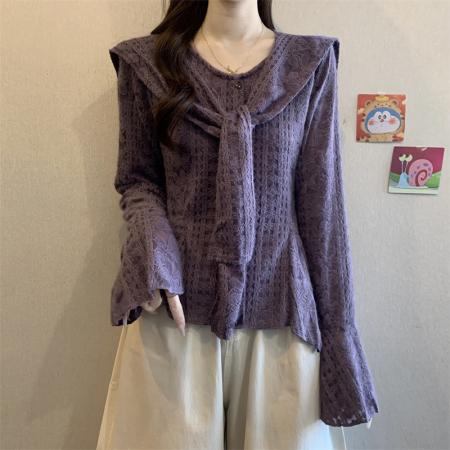 FA51940# 新款加绒法式喇叭袖加披肩长袖蕾丝衫女镂空设计感上衣 服裝批發女裝批發服飾貨源