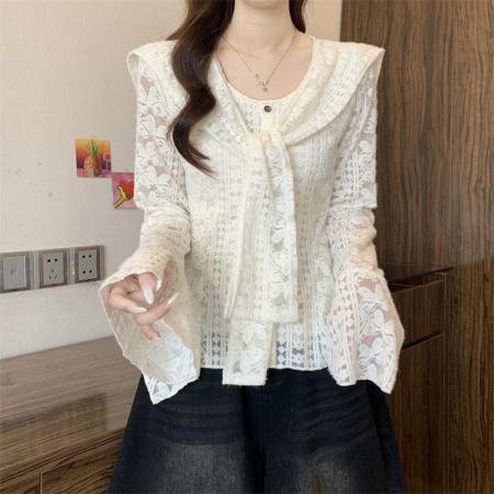 FA51940# 新款加绒法式喇叭袖加披肩长袖蕾丝衫女镂空设计感上衣 服裝批發女裝批發服飾貨源